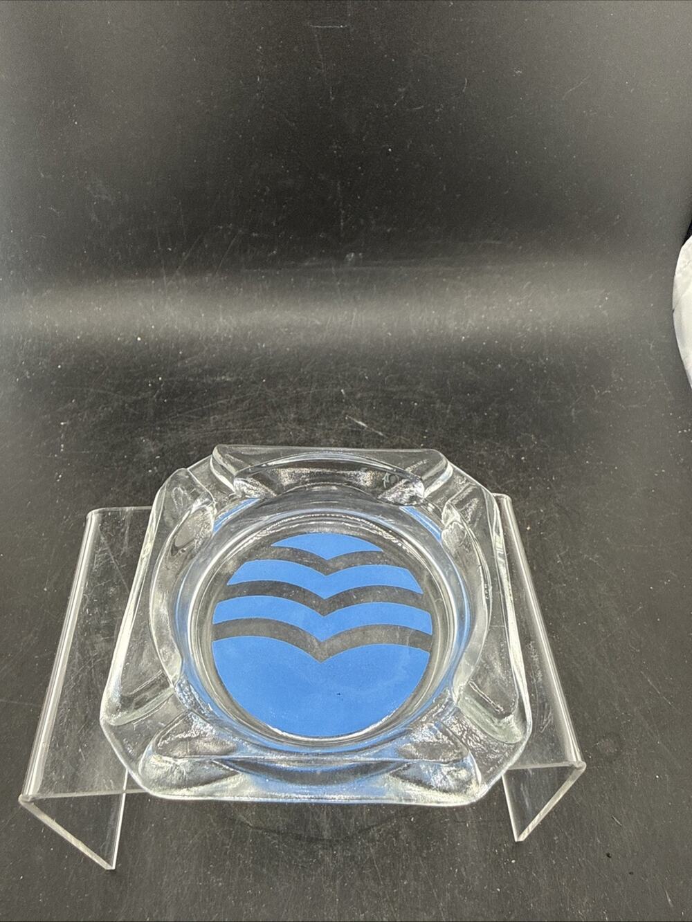 Vintage Clear Glass Advertising Ashtray Blue Logo Square Heavy Glass